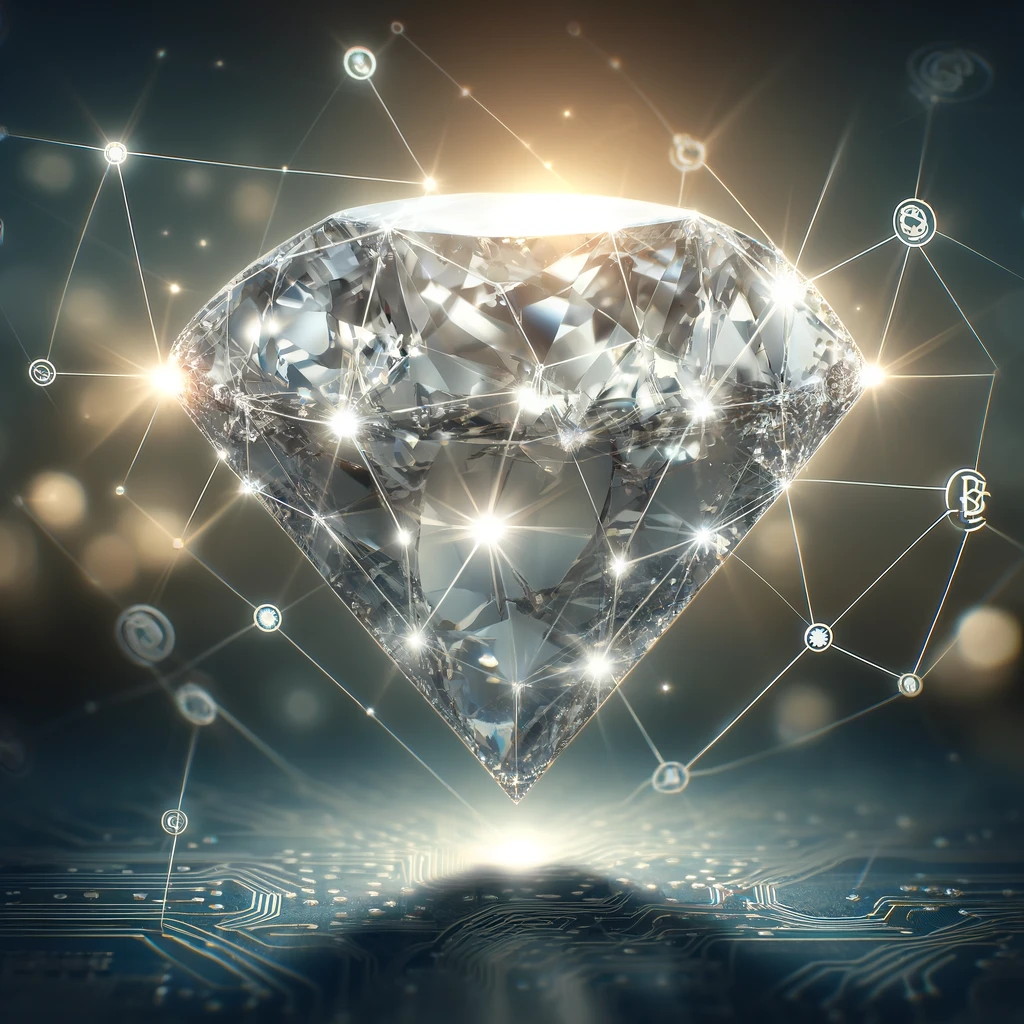 A blockchain network overlaying a sparkling diamond, illustrating the transparency and traceability in diamond sourcing.