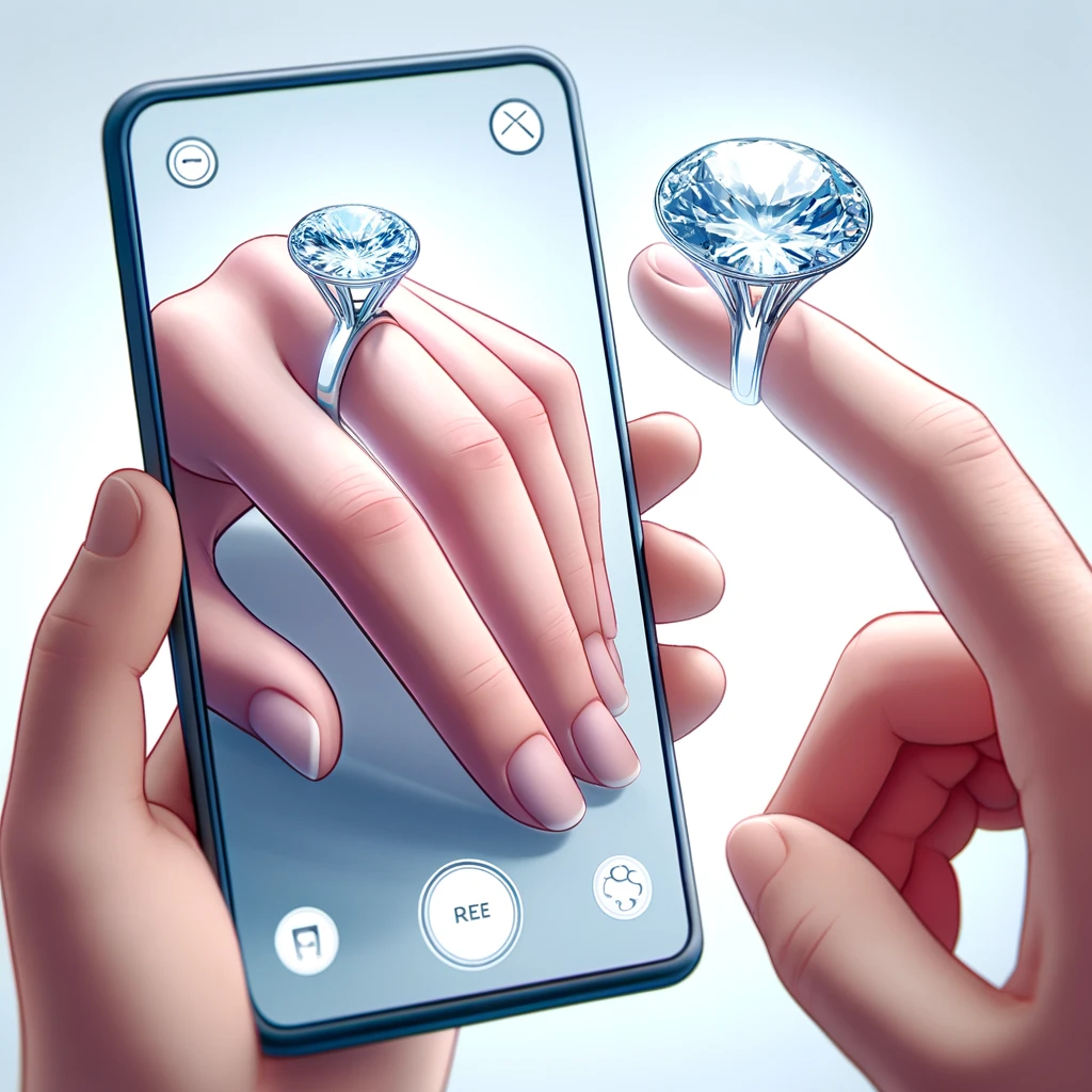 A person trying on a virtual diamond ring using augmented reality, enhancing the customer experience in jewelry retail.