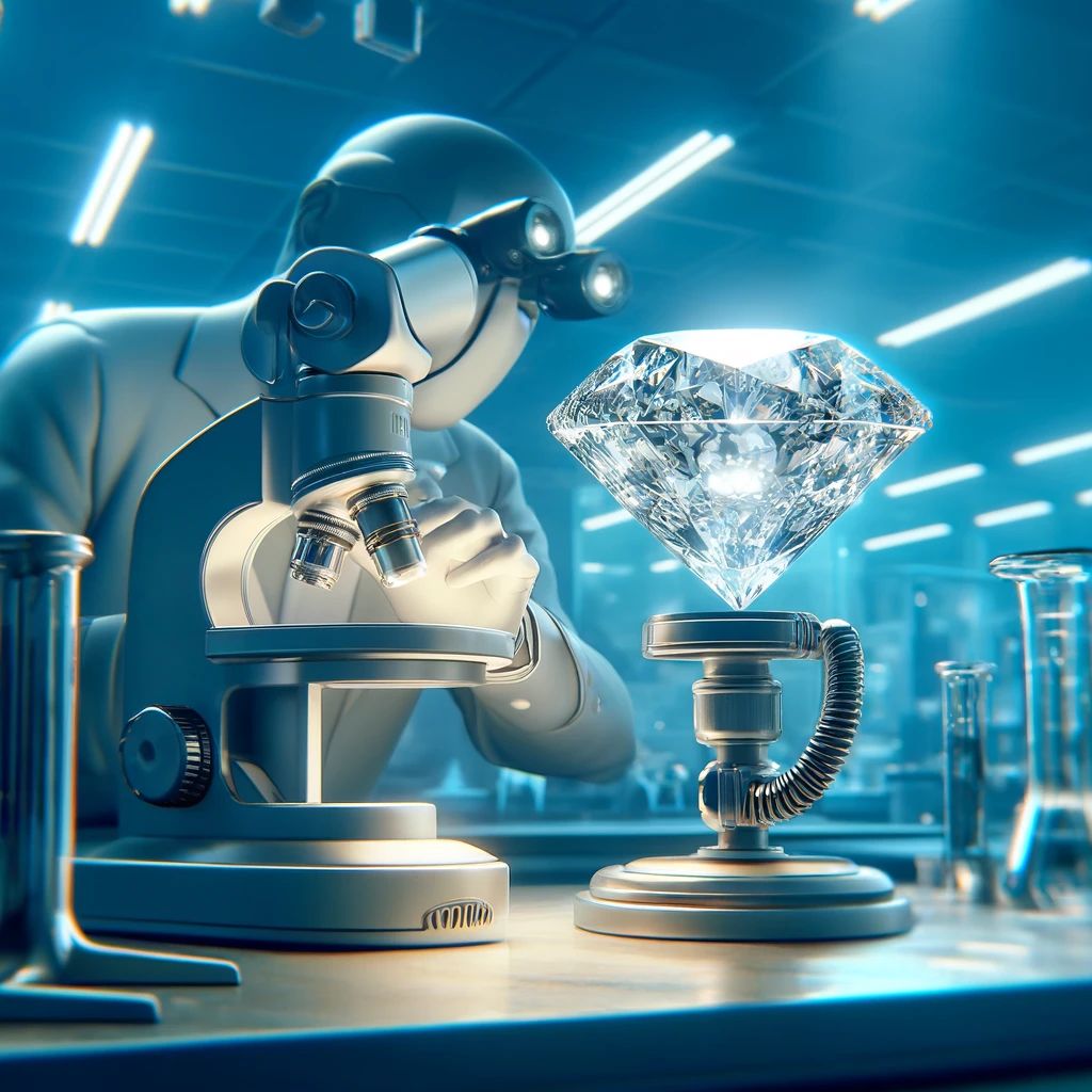 A lab-grown diamond being inspected in a high-tech laboratory, emphasizing the sustainability and scientific precision in diamond creation.